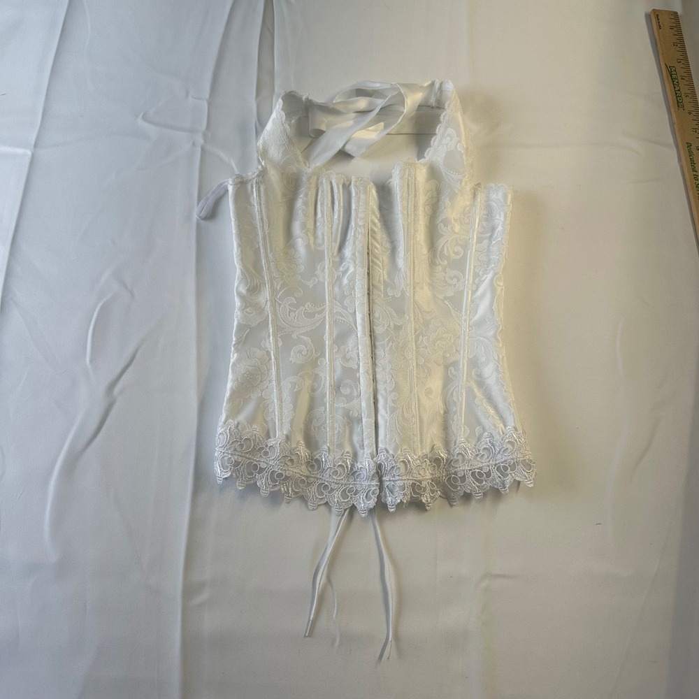 Vtg Fredericks of Hollywood White Floral Jacquard Halter Corset Top Star Tag 32